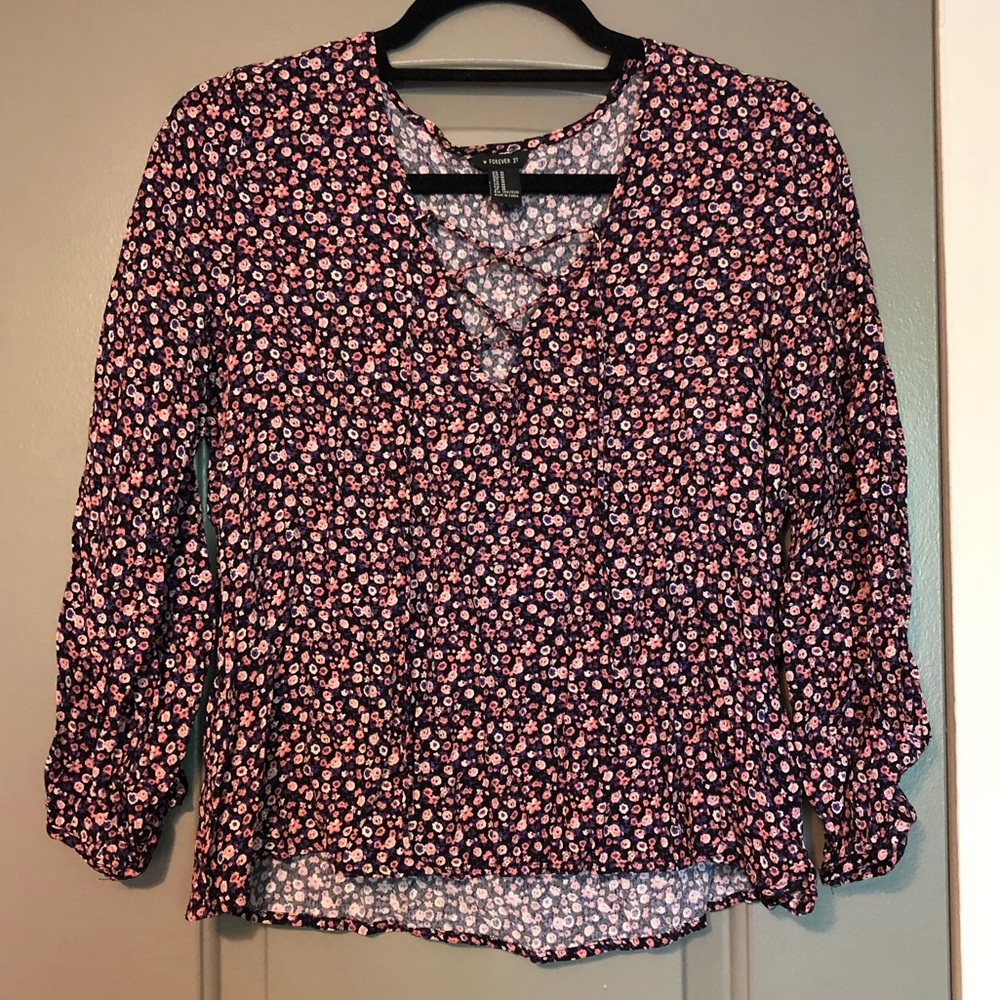 Forever 21 Tie Neck Floral Long Sleeve Blouse